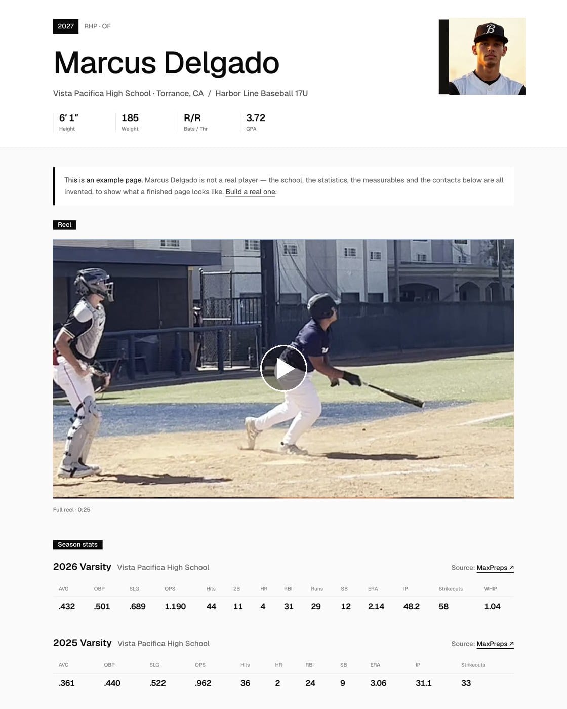 A finished scout page: name, school, club, height, weight, GPA, a highlight reel ready to play, and two seasons of statistics.