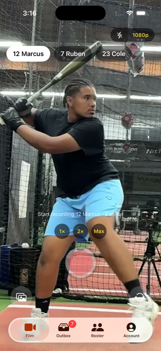 The coach app filming: a hitter mid-swing fills the viewfinder, three jersey names along the top with 12 Marcus chosen, the caption Start recording 12 Marcus above the record button, and the tab bar underneath showing Film, Outbox with seven waiting, Roster and Account.